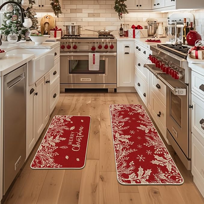 Artoid Mode Holly Pine Branches Leaves Merry Christmas Kitchen Mats Set of 2, Winter Decor Low-Profile Kitchen Rugs for Floor - 24x35 and 24x59 Inch
