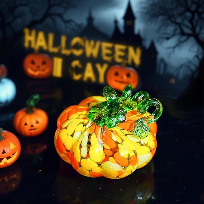 H&D HYALINE & DORA Hand Blown Glass Pumpkin Figurine for Decorations Fall, Yellow Glass Pumpkin Crafts Tabletop Decor for Autumn Halloween Thanksgiving Saints' Day Home Indoor Outdoor