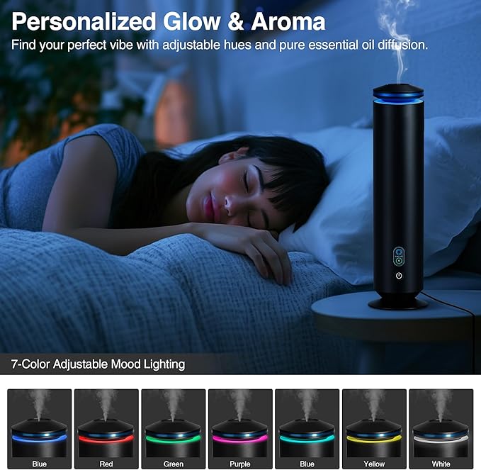 Waterless Scent Diffuser Starter Kit - 1500 Sq Ft Coverage, Scent Diffuser for Home, Hotel, Studio, Essential Oil Diffuser Large Room, 7 Mood Lights Setting, 5 Essential Oils Included, Black, 11.50In