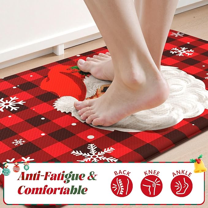 Christmas Buffalo Plaid Santa Claus Kitchen Mat 2PCS, Cushioned Anti Fatigue Kitchen Mats for Floor Non Skid Waterproof Comfort Foam Standing Rugs for Desk Laundry Office Home Decor, 17"x30"+17"x47"