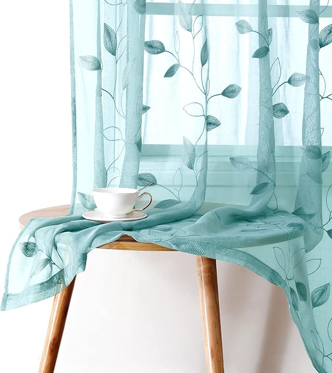HOMEIDEAS Turquoise Aqua Sheer Curtains 52 X 63 Inches Length 2 Panels Embroidered Leaf Pattern Pocket Faux Linen Floral Teal Voile Window Drapes for Bedroom Living Room
