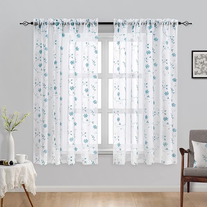HOMEIDEAS White and Blue Embroidered Floral Sheer Curtains 63 Inch Length 2 Panels Flower Pattern Semi Sheer Window Curtains for Bedroom Living Room