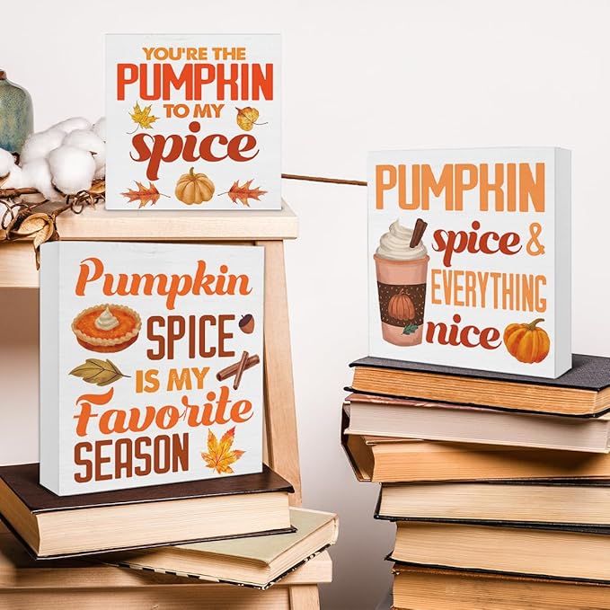 3 Pcs Fall Wood Signs Decor Pumpkin Spice Wood Block Signs Farmhouse Autumn Pumpkin Spice Wooden Box Signs Home Decorations for Kitchen Tiered Tray Desk Table Shelf