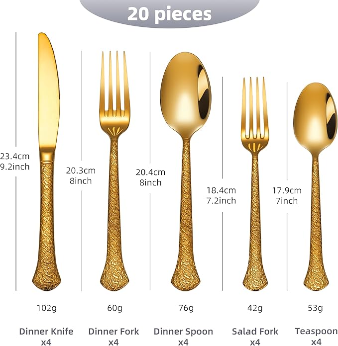 20-Piece Hammered Gold Silverware Set for 4, 18/10 Stainless Steel Flatware Set, Heavy Weight, Dishwasher Safe, Ideal for Wedding Gift