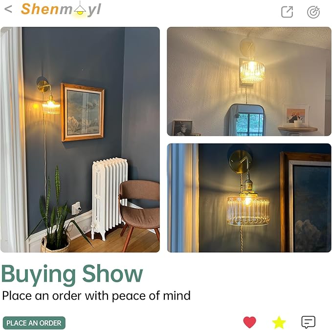 Vintage Wall Sconce Wall Lamp with Amber Striped Glass Shade Hanging Wall Sconce with 4.9FT Plug in Cord, Modern Wall Lamp Fixtures Decor for Bedside Bedroom Indoor Doorway