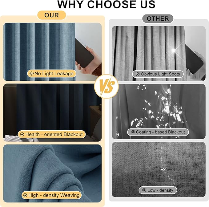 100% Blackout Curtains for Bedroom 90 inch Length 2 Panels Set, Farmhouse Linen Textured Full Light Blocking Room Darkening Thermal Insulated Drapes for Living Room (W52xL90, Dusty Blue)