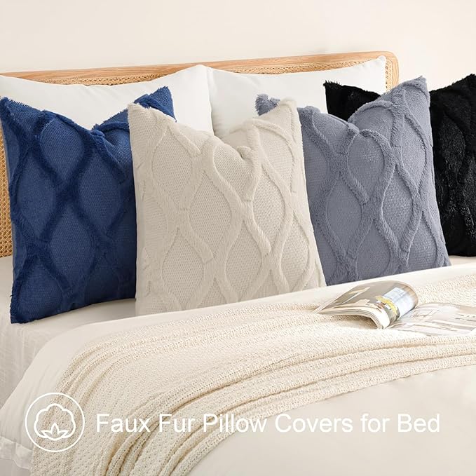 decorUhome Set of 4 Throw Pillow Covers 16x16 Inch, Neutral Decorative Soft Plush Faux Wool Couch Pillow Covers, Farmhouse Pillow Cases for Living Room Bed Sofa (Blue/Grey)