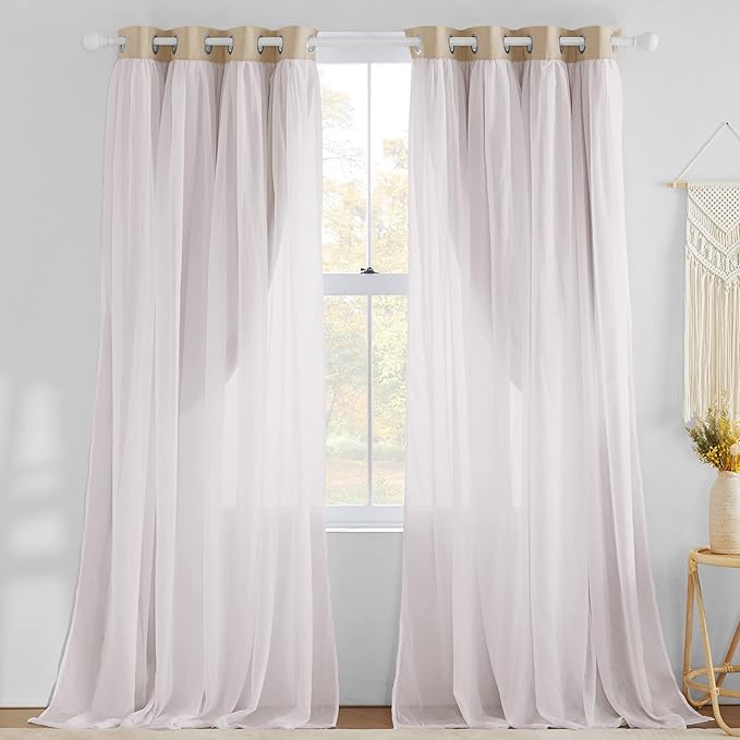 NICETOWN Curtains 84 inches Long - Farmhouse Curtains for Bedroom Living Room Decor Double Layer Grommet Blackout Soundproof Darpes with Crushed White Sheer, Biscotti Beige, 52W x 84L, 2 Panels