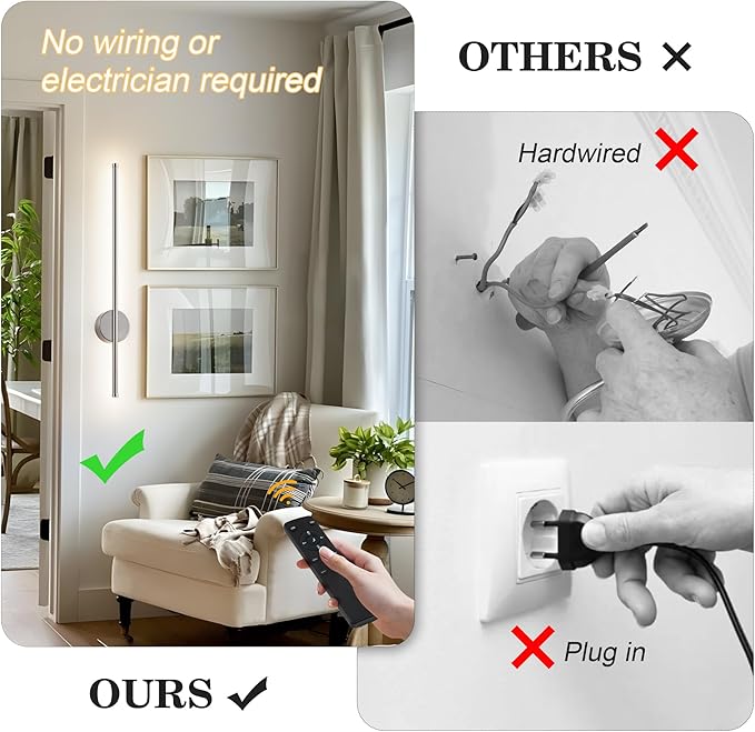 Battery Operated Modern Wall Sconces, Dimmable Wireless Wall Light Set of Two with Remote Control, 3 Color Temperatures, Rechargeable LED Wall Sconce for Bedroom, Living Room,Hallway, 23.6 Inch Nickle