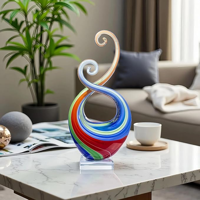 14″ Hand Blown Art Glass Sculpture with Fluid Design and Clear Square Base - Weatherproof Indoor & Outdoor Use Decor - Abstract Glass Art Piece