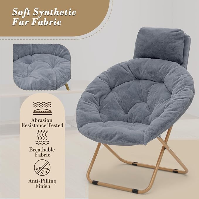 Athena Collection Comfy Saucer Chair with Headrest Oversize Round Cozy Chair Folding Chair Faux Fur Metal Frame Foldable Reading Chair Accent Chair for Bedroom Living Room Set of 2, Grey
