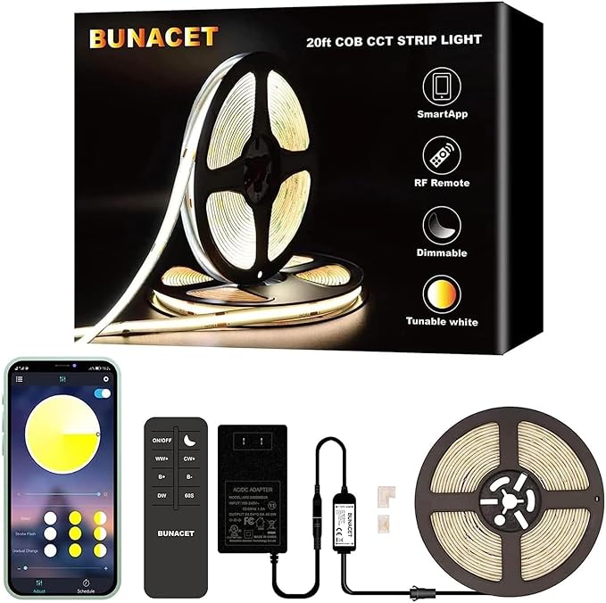 20ft COB LED Strip Lights, Bluetooth Smart App Tunable 3000K~6500K White Daylight to Warm White Light Strip with Remote Dimmable for Bedroom Kitchen Home Lighting