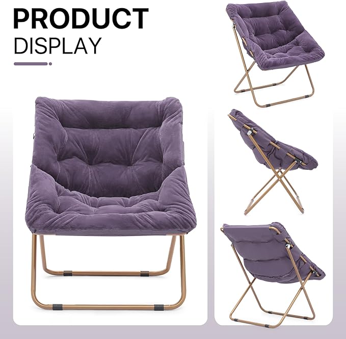 Athena Collection Saucer Chair for Adult, Square Comfy Cozy Chair Folding Chair Faux Fur Metal Frame Foldable Reading Chair Accent Chair for Bed Room Living Room Set of 2, Purple
