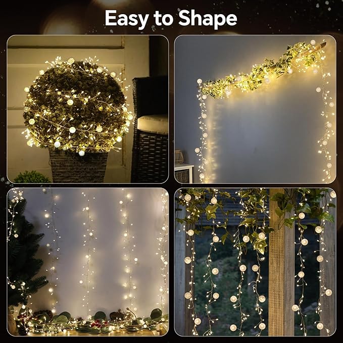 Battery Powered Fairy Lights with Remote, 200Led Cluster Lights Christmas Twinkly Globe String Lights for Christmas Tree Waterproof Copper Wire Firecracker Light for Bedroom Indoor Decoration