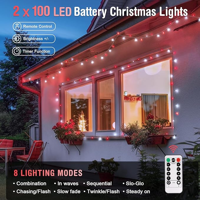 JMEXSUSS 2 Pack Red and White Battery String Lights, Each 33ft 100 LED Battery Powered Christmas Lights with Remote for Outside Party Birthday