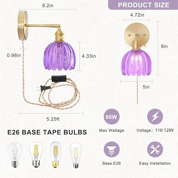 Plug in Wall Sconce, Vintage Sconce Light with Tulip Purple Glass Lampshade, 180° Adjustable Wall Sconce with Switch and Plug in Wall Lamp Cord, Gold Wall Light for Bedroom Bedside
