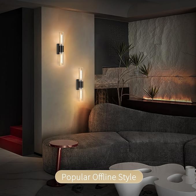 Bathroom Wall Sconces Set of Two Black , 21" Modern 2-Light Vanity Light Tube Wall Sconce, Clear Glass Indoor Hardwired Mounted Lamps for Living Room,Bedroom,Hallway-Black Clear (Bulb Not Included)