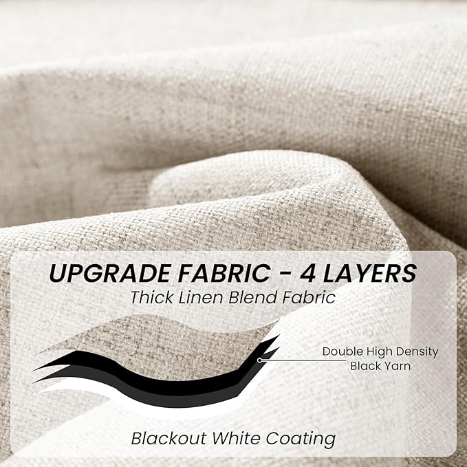 100% Blackout Curtains 96 inches Length Linen Blend Bedroom Curtains, Rod Pocket Back Tab Black Out Window Curtain Set Living Room Curtains, Full Blackout Curtains 2 Panels Drape, Natural
