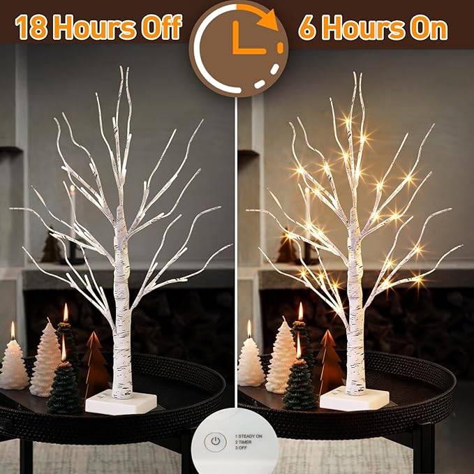 EAMBRITE Lighted Birch Tree Christmas Decorations for Home, White Birch Tree with Lights, 24 LED Lighted Mini Money Tree Twig Tree Battery Operated with Timer, Indoor Table Centerpiece Decor (2FT)