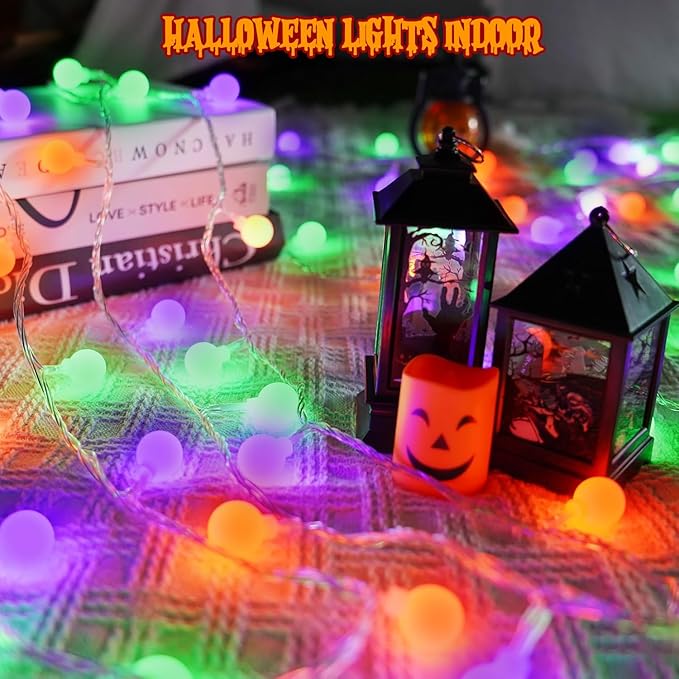 Connectable Orange Purple and Green Halloween Lights Outdoor Indoor - 43FT 100LED Globe String Lights Plug in with Timer, 13 Modes Fairy Light Waterproof for Party Halloween Decorations Bedroom Decor