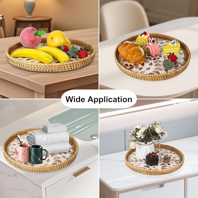 Round Rattan Serving Tray with Mother of Pearl Inlay & Coaster, Boho Wicker Basket, Decorative Coffee Table Tray for Table Decor, Storage and Display of Coffee Bread Fruit (Wicker)