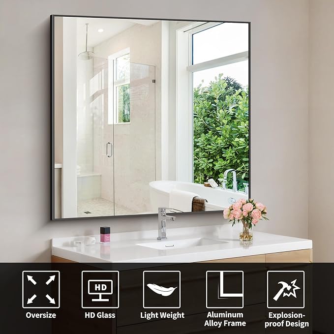 Black Bathroom Mirror for Wall, 42x42 Inch Wall Mounted Rectangle Mirrors with Metal Frame, Large Modern Vanity Wall Square Mirror for Bathroom Living Room, Entryway