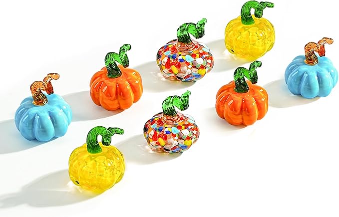 H&D HYALINE & DORA 8pcs Small Blown Glass Pumpkin Figurine Collectible Handmade Glass Halloween Pumpkin Table Art Decor for Home Thanksgiving Halloween(Colorful)