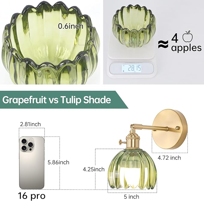 Vintage Battery Operated Wall Sconce with Cute Green Tulip Glass Lampshade Wireless Rechargeable Battery Powered Wall Light with Remote Control for Bedside Bedroom Doorway
