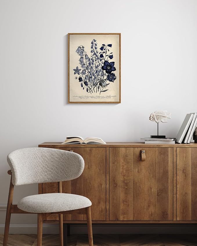 VIYYIEA Vintage Framed Botanical Wall Art Decor, Living Room Bedroom Blue Campanula Pictures Retro Wall Decor, Framed Canvas Prints Artwork, Farmhouse Flower Paintings,12x16 Inch