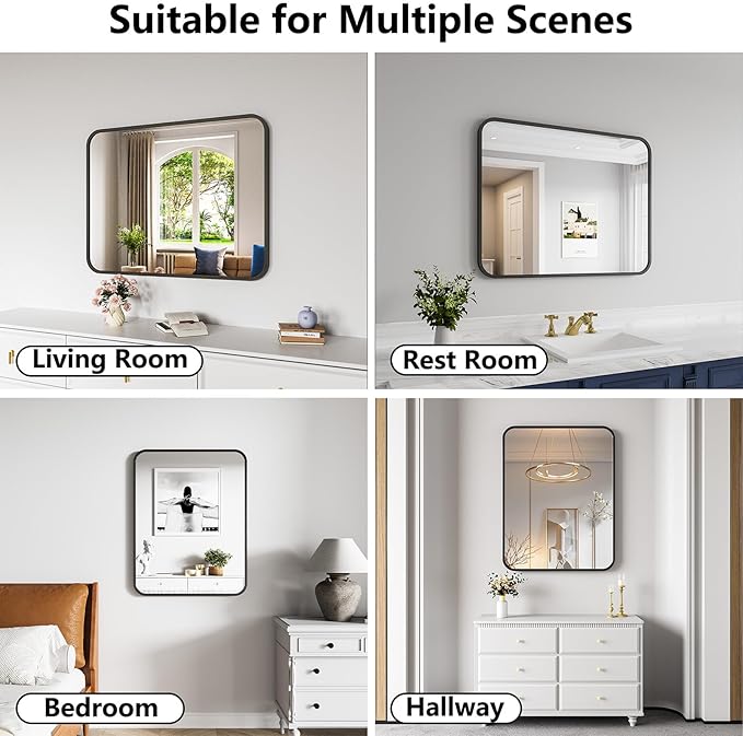 Bathroom Mirror, 28X36 Inch Black Metal Framed Mirror for Bathroom, Tempered Glass, Anti-Rust, Rounded Rectangle Mirror for Restroom, Bedroom, Black