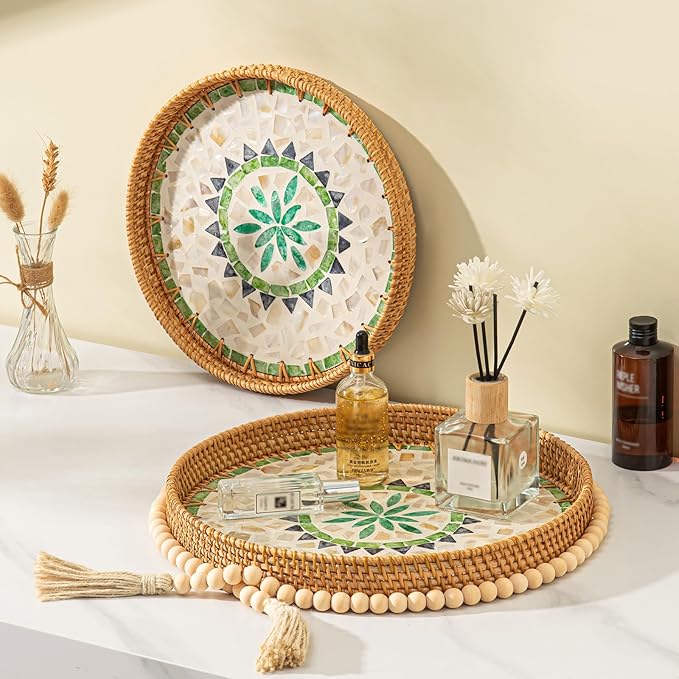 Round Rattan Tray Home Decor with Wood Bead Garland, 12'' Wicker Serving Tray with Mother of Pearl Inlay, Boho Decorative Tray for Coffee Table, Bathroom, Ottoman, Kitchen Table, Bathroom (Green)