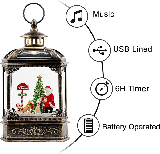 Snow Globe Lighted Christmas Decorations, Santa Claus & Pups Musical Water Lantern with Swirling Glitter, Christmas Holiday Party Gifts and Decorations