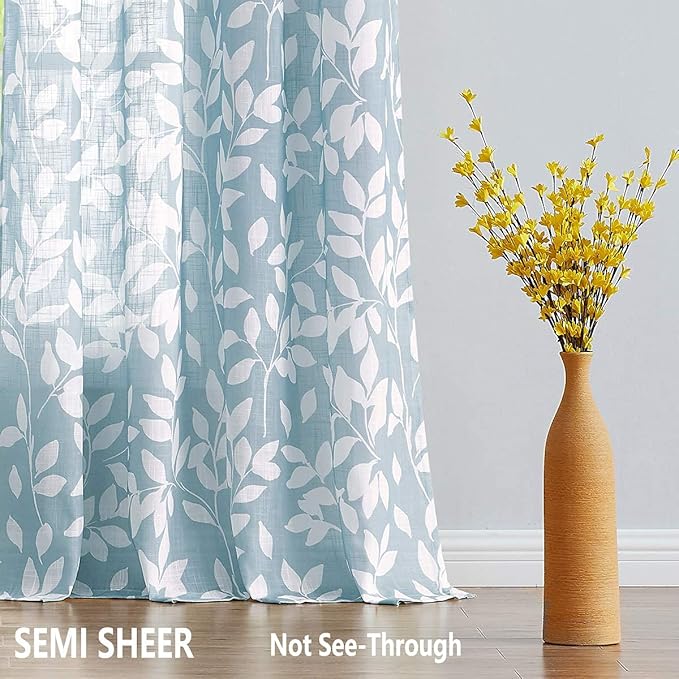 Blue White Curtains for Living Room 63" Length Leaves Print Semi-Sheers Curtains for Windows, Grommet Top, 2 Pack