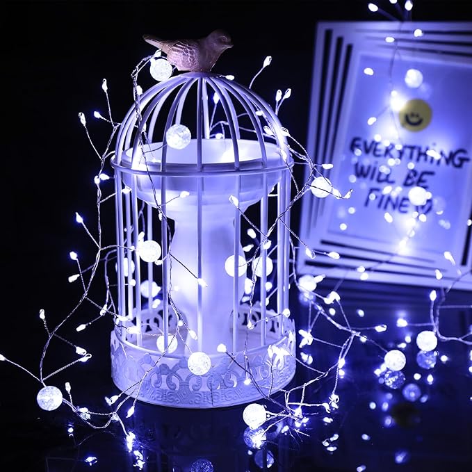 Battery Powered Fairy Lights with Remote, 100 LED Cluster Lights Christmas Waterproof Twinkly Globe String Lights for Christmas Tree Copper Wire Firecracker Light for Bedroom Indoor Decoration