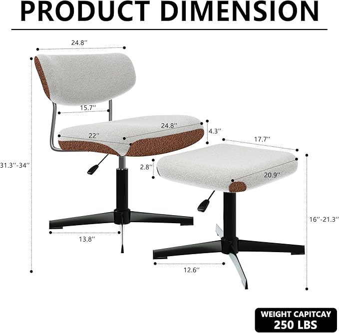 Swivel Criss Cross Chair, Accent Chair with Ottoman Set, Modern Armless Chair with Ergonomic Backrest, Comfy Chair with Boucle Upholstered Seat, No Wheels, White & Brown