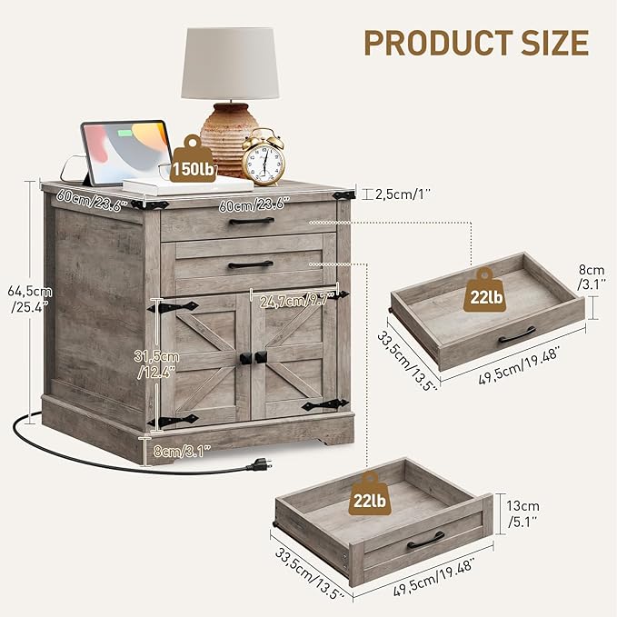 Farmhouse End Table with Charging Station, 24'' Sofa Side Table with 2 Drawers and Barn Door, Large Rustic Wooden Square Nightstand for Bedroom, Living Room, Greige
