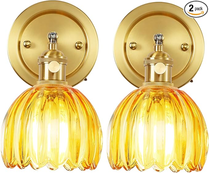 Vintage Wall Sconces Set of 2, 180 Degree Adjustable Brass Vanity Lights Fixture with Amber Tulip Glass Lampshade, Hradwired Modern Wall Lighting for Bedside Bedroom Bathroom