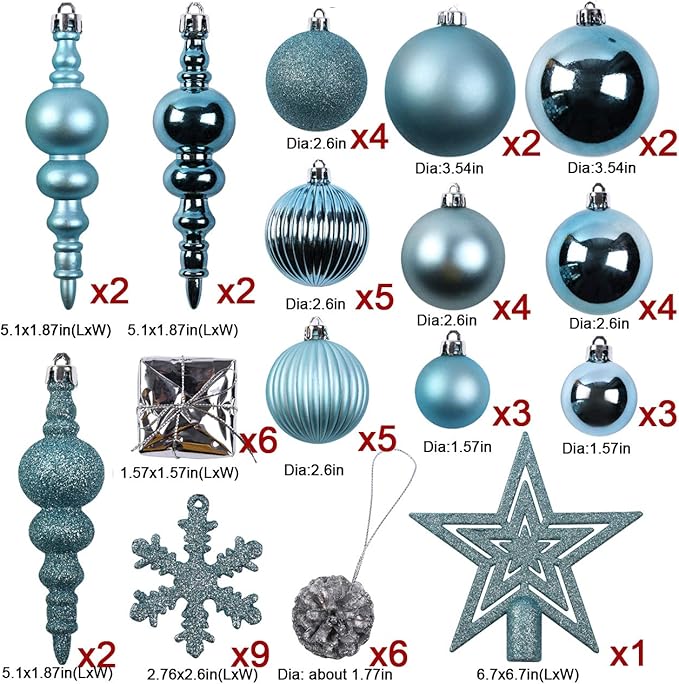 Sunnyglade 60ct Blue Christmas Tree Ball Ornaments Set Shatterproof Christmas Bling-Bling Hanging Decoration with Hand-held Gift Package for Xmas Tree Holiday Wedding Party
