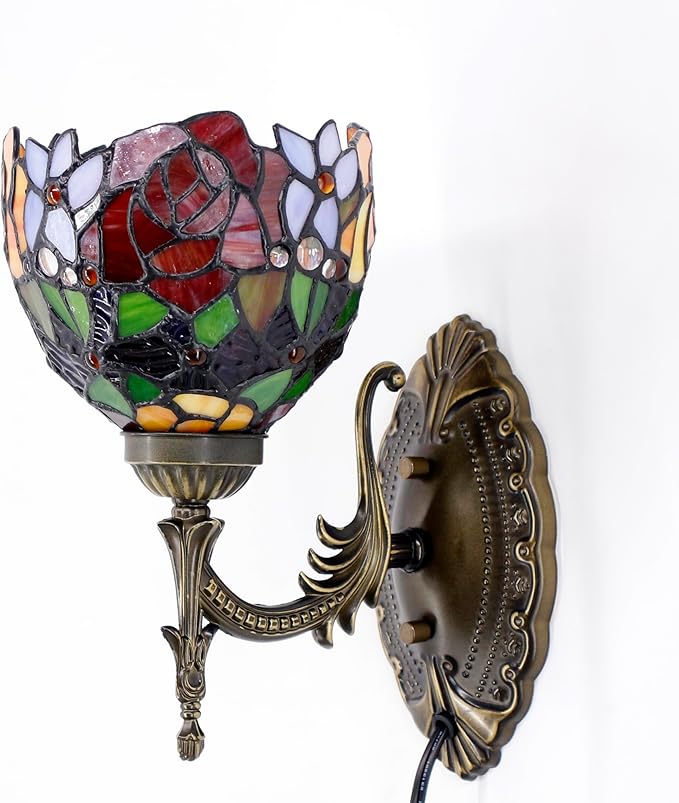 Tiffany Wall Sconce Lamp Blue Stained Glass Flower Style 6X10.5X11 Inch Plug in Wall Bedside Light for Hallway Bedroom (Red Rose Style)