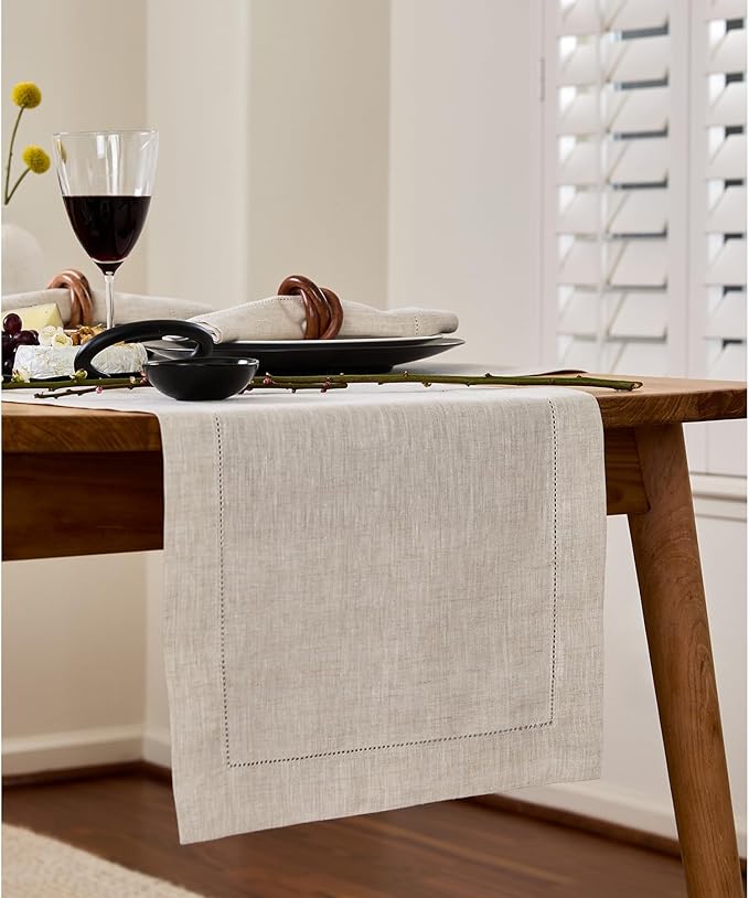 Solino Home Linen Light Natural Table Runner 60 Inches - Classic Hemstitch, 100% Pure Linen Coffee Table Runner 14 x 60 Inch Ideal for Dresser Tables - Fall, Autumn, Halloween, Thanksgiving, Christmas