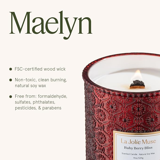 LA JOLIE MUSE Ruby Berry Bliss Scented Candle – Mandarin, Cranberry & Plum | 19 oz Festive Fall Candle | Wooden Wick | Clean Burn & Vibrant Scent | Fun Gift for Hosts & Fall Tablescapes