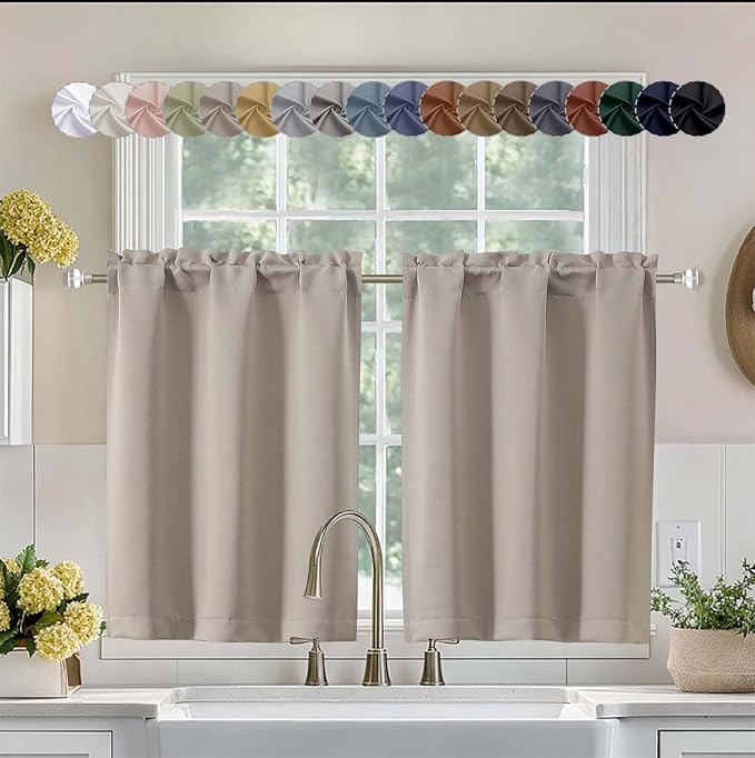 Aiyufeng Stone Short 36 Inches Blackout Curtain 2 Panels Set, Half Window Rod Pocket Privacy Curtain Tiers for Kitchen, Curtains Blackout for Bathroom Shades, W40 x L36 Inch, Stone
