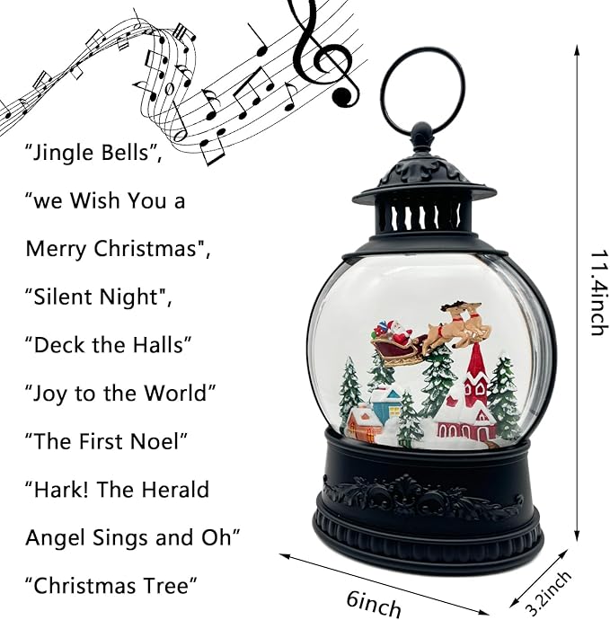 Christmas Snow Globe Lantern with Music & Timer - USB/Battery Operated LED Glittering Globe, Snow Globe Decor for Home Holiday (Reindeer)