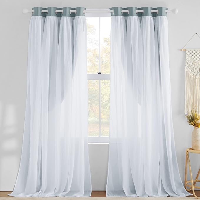 NICETOWN Greyish Blue Curtains for Bedroom Double Layers Crushed Sheer Overlay Elegant Decoration for French Country Rustic Design Window Covering with Tiebacks, 52" Wide x 84" Long, 2 Panels