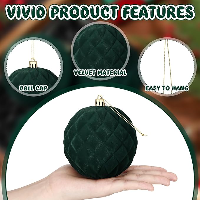 4 Pcs 4 Inch Large Velvet Christmas Ball Ornaments Vintage Christmas Plastic Ball Ornaments Flocked Tree Hanging Decoration for Xmas Party Wedding Home Decor(Green)