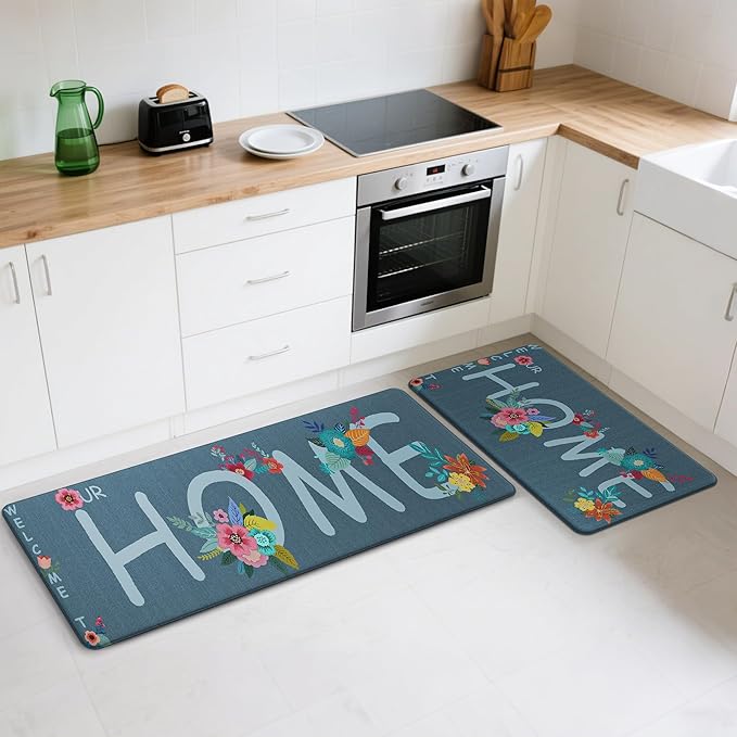 GENIMO Anti Fatigue Kitchen Mats for Floor, Non Slip Washable Home Theme Rugs Sets of 2, Farmhouse Cushioned Waterproof Comfort Runner Rug for Kitchen, Sink, Desk, Laundry, 17"x 59"+17"x 30", Blue
