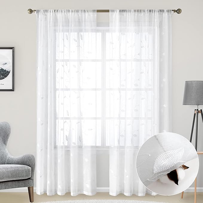 HOMEIDEAS White Sheer Curtains 52 X 96 Inches Long 2 Panels Embroidered Leaf Pattern Pocket Faux Linen Floral Semi Sheer Voile Window Curtains/Drapes for Bedroom Living Room