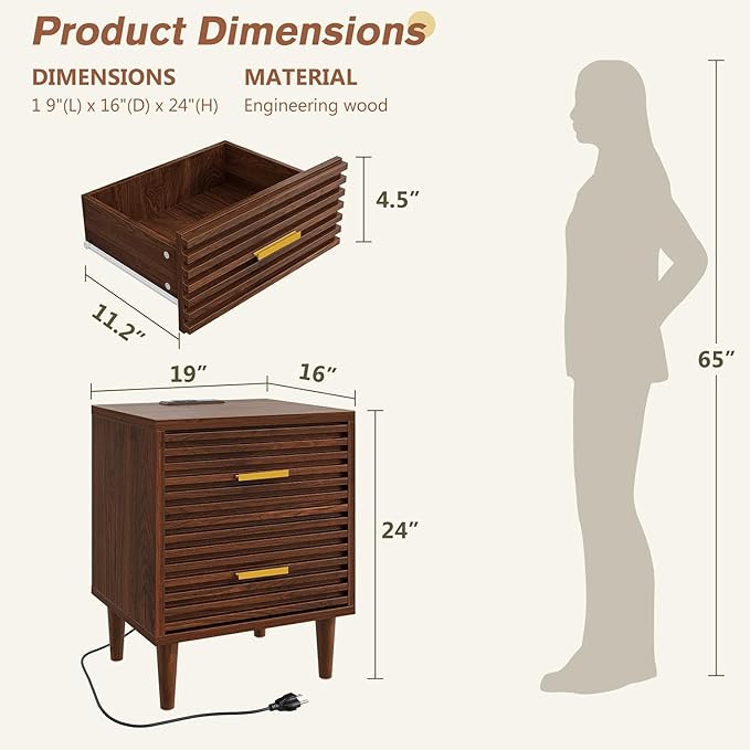 Alohappy Night Stands with Charging Station Set of 2, Mid Century Modern Nightstands, Wooden Bedside Table for Bedroom, End Table with Storage Drawers, Bed Side Table with USB Outlets, Brown 2pcs