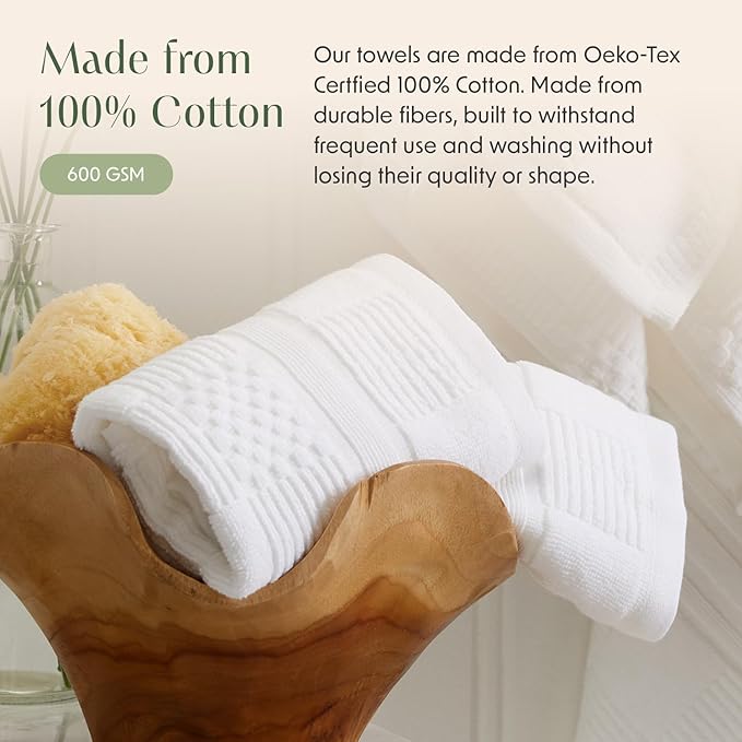 Springtree Home 100% Cotton Bath Towel Set of 4 | White Towels | Geometric Textured Design | Absorbent & Quick-Dry | 4 Bath Towels | Oeko-TEX® Standard 100 Cotton | Myla Collection - White