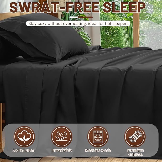 Extra Deep Pocket Queen Sheets 18-24 Inch 100% Egyptian Cotton 1000 Thread Count Sateen Weave Soft Breathable 4 Pieces(Queen,Black)